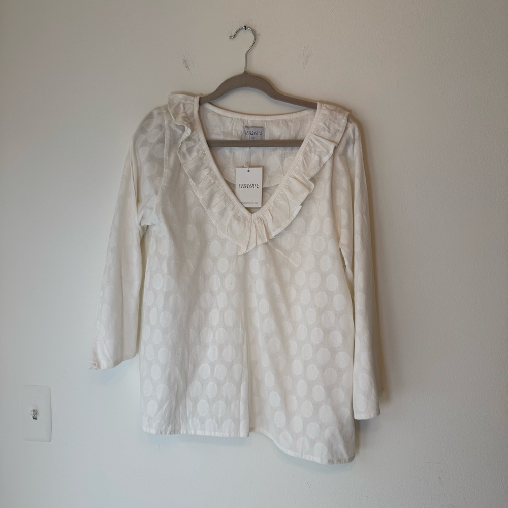 Compañia Fantastica White Cotton NWT Ruffled Blouse Feminine Office 0060